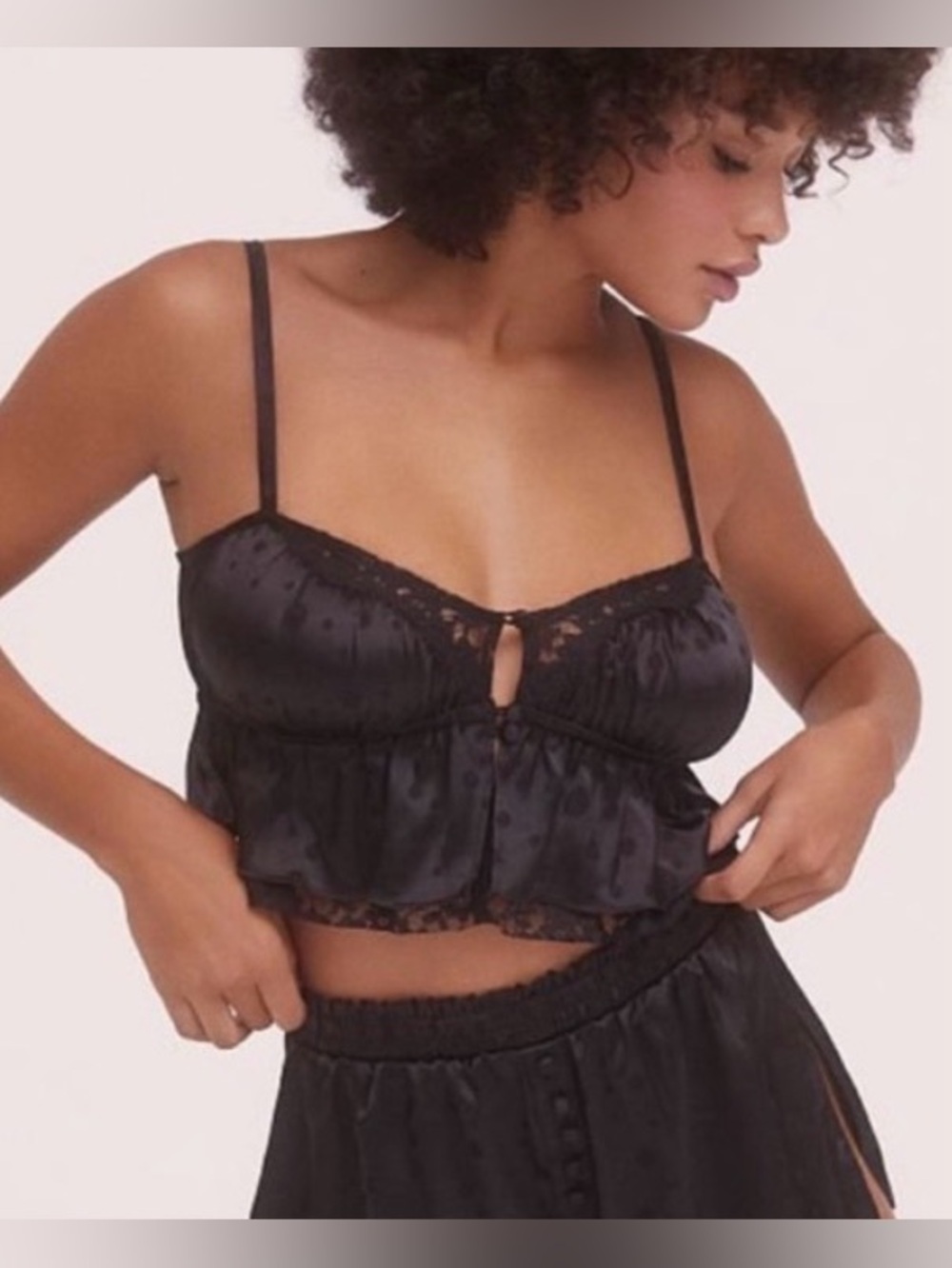 NWT For Love & Lemons Polka Dot Satin Jacquard Ruffle Lace Crop Top